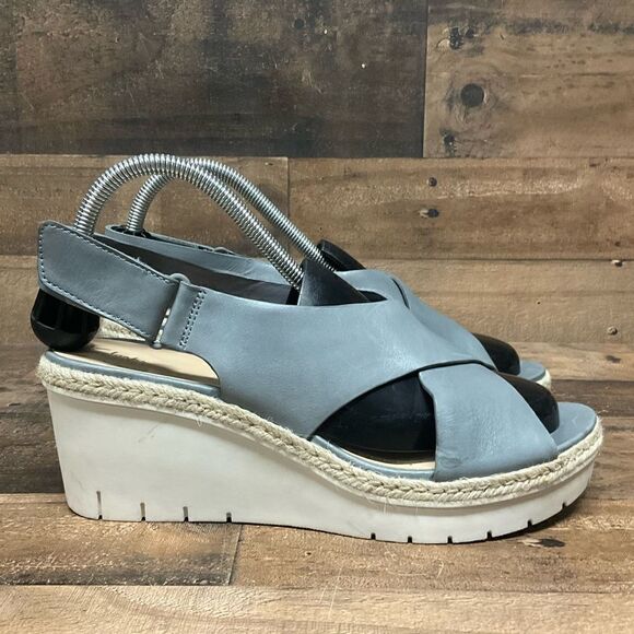 Clarks Palm Glow Khaki Leather Platform Wedge Sandals Shoes 10M - Picture 1 of 7